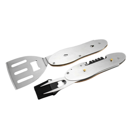 Toolbrothers Parrilla multiherramienta para exteriores, cubiertos para barbacoa de acero inoxidable con tenedor, cuchara para parrilla, cepillo para carne, abridor de botellas y sacacorchos, 5 piezas