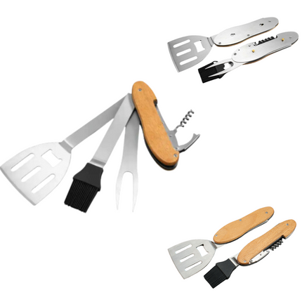 Toolbrothers Parrilla multiherramienta para exteriores, cubiertos para barbacoa de acero inoxidable con tenedor, cuchara para parrilla, cepillo para carne, abridor de botellas y sacacorchos, 5 piezas