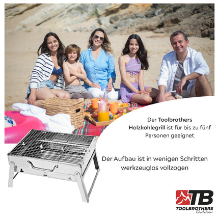 Toolbrothers Outdoor portable charcoal stainless steel barbecue set for camping tool-free assembly 43 x 29 x 23 cm silver + barbecue cutlery, barbecue gloves & barbecue compartments 8 pcs