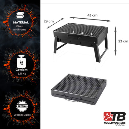 Toolbrothers Zewnętrzny przenośny zestaw do grillowania na węglu drzewnym do montażu bez użycia narzędzi 43 x 29 x 23 cm czarny + sztućce do grillowania, rękawice do grillowania i przegródki do grillowania 8 szt.