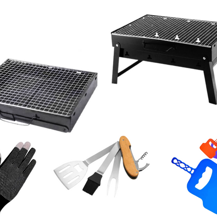 Toolbrothers Zewnętrzny przenośny zestaw do grillowania na węglu drzewnym do montażu bez użycia narzędzi 43 x 29 x 23 cm czarny + sztućce do grillowania, rękawice do grillowania i przegródki do grillowania 8 szt.