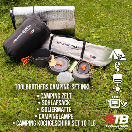 Toolbrothers Outdoor Camping-Set Tenda per 2-4 persone Tenda idraulica con materasso isolante & attrezzatura da campeggio 14 pz.