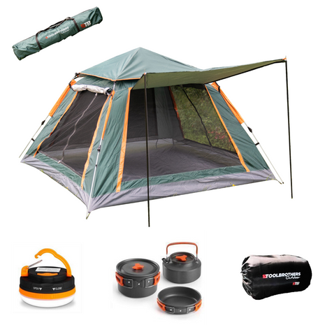 Toolbrothers Outdoort Camping-Set Zelt für 2-4 Personen Hydraulikzelt  Pop-Up zelt + Campingausrüstung 12 tlg