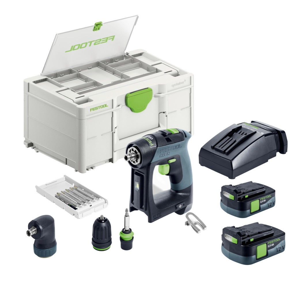 Festool CXS 12 2,5-Set Taladro atornillador sin cable 12 V 30 Nm Brushless ( 576865 ) + 2x batería 2,5 Ah + cargador + kit de puntas + Systainer