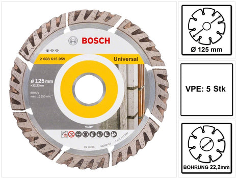 Bosch Standard do uniwersalnej diamentowej tarczy tnącej 125 x 22,23 mm 5 szt. ( 5x 2608615059 ) do betonu, stali-betonu, cegły, wapna i piaskowca