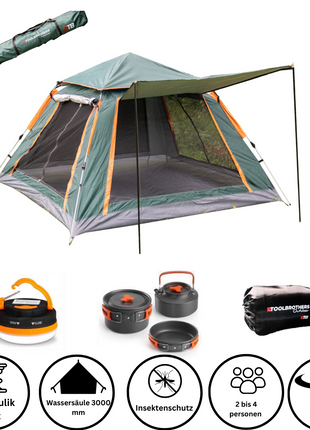 Toolbrothers Outdoor Camping-Set Zelt für 2-4 Personen Hydraulikzelt  Pop-Up zelt + Campingausrüstung 13-tlg