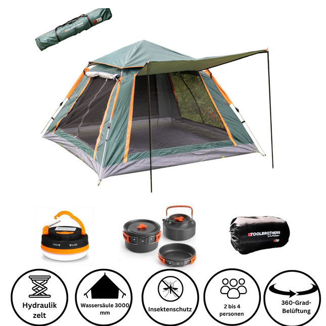 Toolbrothers outdoor camping set tent for 2-4 persons hydraulic tent pop-up tent + camping equipment 13 pcs