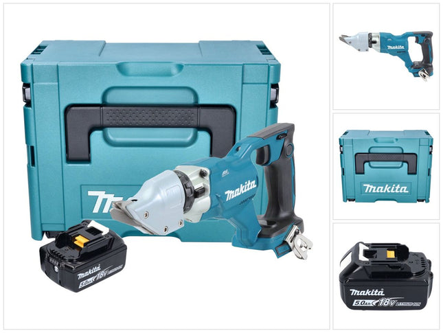 Makita DJS 200 T1J cordless sheet metal shears 18 V 2.0 mm brushless + 1x rechargeable battery 5.0 Ah + Makpac - without charger