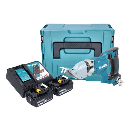 Makita DJS 200 RTJ cordless sheet metal shears 18 V 2.0 mm brushless + 2x rechargeable battery 5.0 Ah + charger + Makpac