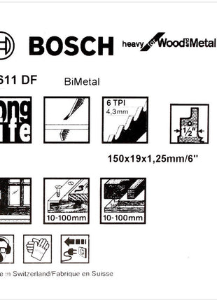 Bosch 5 Säbelsägeblätter 150 mm Heavy for Wood and Metal S 611 DF / S611DF ( 2608656258 ) - Toolbrothers