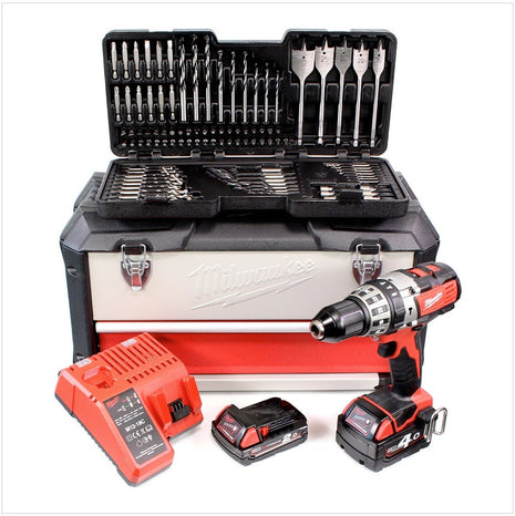 Milwaukee M18 MBox 100PD-421C 18 V Akku Schlagbohrschrauber + 2 Akkus + Ladegerät + 100 tlg. Bit- und Bohrer Set im Koffer - Toolbrothers