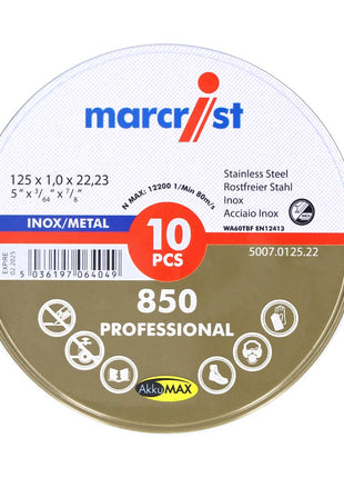 Marcrist 850 Inox specjalna ultracienka tarcza tnąca 10 szt. 125 x 1,0 x 22,23 mm ( 5007.0125.22-10 ) do szlifierek kątowych