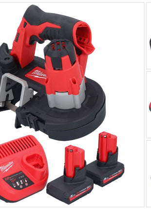 Sierra de cinta a batería Milwaukee M12 BS-502 12 V 41 x 41 mm + 2x baterías 5,0 Ah + cargador