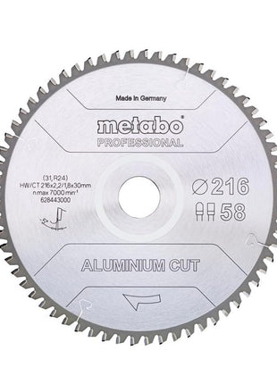 Metabo Aluminium Cut - Hoja de sierra circular profesional 216 x 30 mm Z58 FZ/TZ 5° NEG (628443000) para aluminio