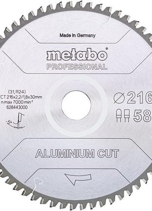 Metabo Aluminium Cut - Hoja de sierra circular profesional 216 x 30 mm Z58 FZ/TZ 5° NEG (628443000) para aluminio