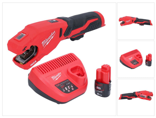 Milwaukee M12 PCSS-201 akumulatorowy obcinak do rur ze stali nierdzewnej 12 V 12 - 28 mm + 1x akumulator 2,0 Ah + ładowarka