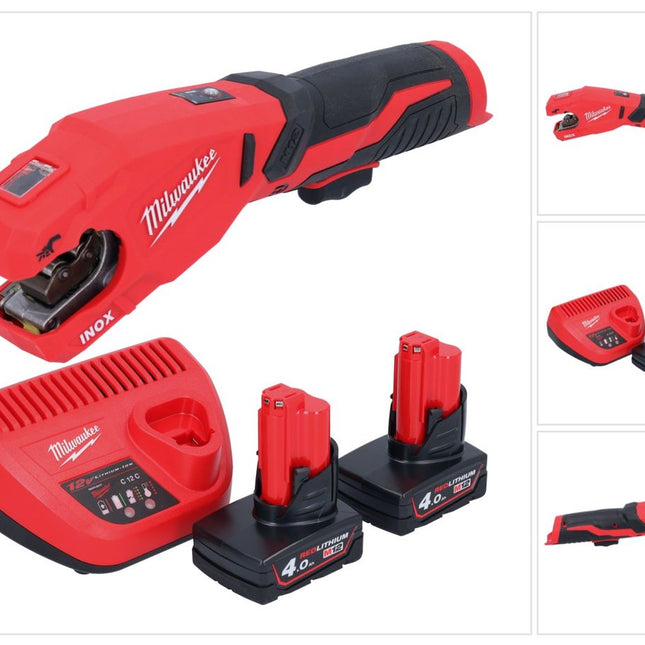Milwaukee M12 PCSS-402 cortatubos de acero inoxidable a batería 12 V 12 - 28 mm + 2x baterías 4,0 Ah + cargador