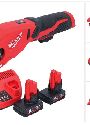 Milwaukee M12 PCSS-602 cortatubos de acero inoxidable a batería 12 V 12 - 28 mm + 2x baterías 6,0 Ah + cargador