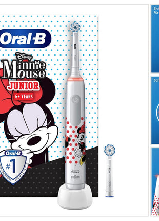 Oral-B Junior Minnie Mouse Elektrische Zahnbürste Electric Toothbrush für Kinder ab 6 Jahren 360° Andruckkontrolle 2 Putzmodi inkl., Timer, weiß + 2 Aufsteckbürsten