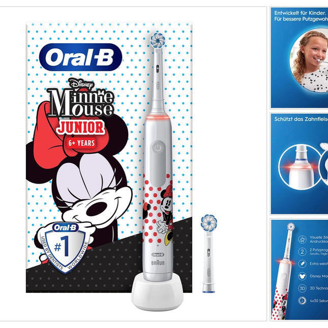 Oral-B Junior Minnie Mouse Electric Toothbrush Electric Toothbrush for children from 6 years 360° pressure control 2 brushing modes incl., timer, white + 2 attachable brushes