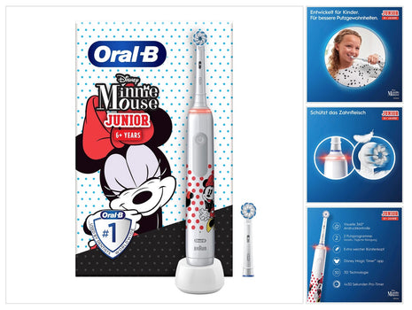 Brosse à dents électrique Oral-B Junior Minnie Mouse Electric Toothbrush pour les enfants à partir de 6 ans Contrôle de la pression à 360° 2 modes de brossage inclus, minuteur, blanc + 2 brossettes de rechange