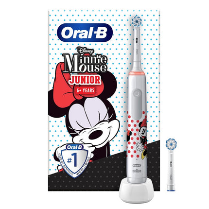 Cepillo de dientes eléctrico Oral-B Junior Minnie Mouse para niños a partir de 6 años Control de presión de 360° 2 modos de cepillado incluidos, temporizador, blanco + 2 cepillos de recambio