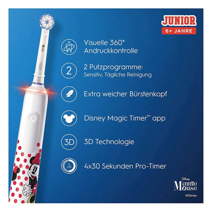 Cepillo de dientes eléctrico Oral-B Junior Minnie Mouse para niños a partir de 6 años Control de presión de 360° 2 modos de cepillado incluidos, temporizador, blanco + 2 cepillos de recambio