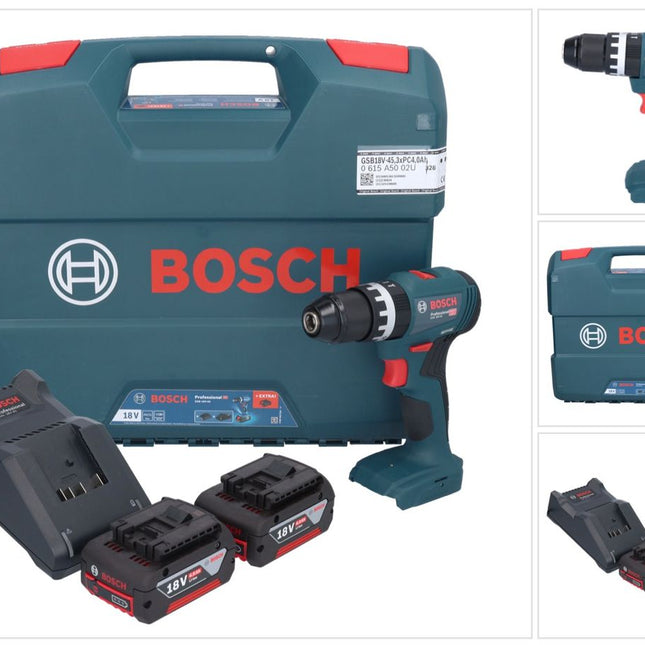 Bosch GSB 18V-45 Taladro percutor profesional sin cable 18 V 45 Nm + 2 acumuladores 4,0 Ah + cargador + maletín en L
