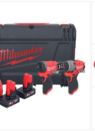 Milwaukee M12 FPP2A2-402X Combo Set ( 4933480587 ) M12 FPD2 akumulatorowa wiertarko-wkrętarka udarowa 45 Nm + M12 FID2 akumulatorowy klucz udarowy 170 Nm 1/4" bezszczotkowy + 2x akumulator 4,0 Ah + ładowarka + pudełko HD