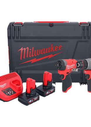 Milwaukee M12 FPP2A2-402X combo set (4933480587) Taladro de impacto a batería M12 FPD2 45 Nm + atornillador de impacto a batería M12 FID2 170 Nm 1/4" sin escobillas + 2x batería 4,0 Ah + cargador + caja HD