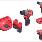Taladro percutor inalámbrico Milwaukee M12 FPD2-202 12 V 45 Nm sin escobillas + 2x baterías 2,0 Ah + cargador