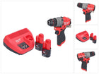 Taladro percutor inalámbrico Milwaukee M12 FPD2-202 12 V 45 Nm sin escobillas + 2x baterías 2,0 Ah + cargador