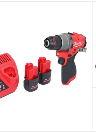 Milwaukee M12 FPD2-252 akumulatorowa wiertarka udarowa 12 V 45 Nm bezszczotkowa + 2x akumulator 2,5 Ah + ładowarka