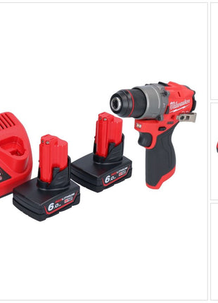 Taladro percutor inalámbrico Milwaukee M12 FPD2-602 12 V 45 Nm sin escobillas + 2x baterías 6,0 Ah + cargador