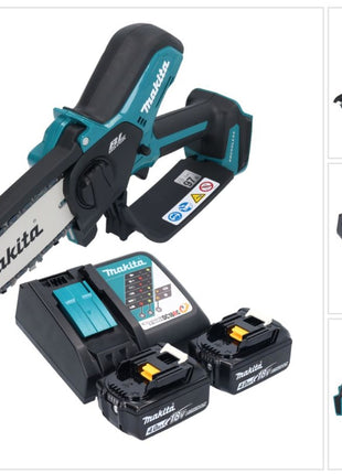 Makita DUC 150 RM2 Tronconneuse d'elagage sans fil 18 V 15 cm Brushless + 2x batterie 4,0 Ah + kit chargeur