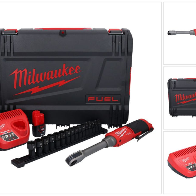 Milwaukee M12 FPTR-202X batería mediante carraca 12 V 81 Nm 1/4" 3/8" brushless (4933480754) + 2x batería 2.0 Ah + cargador + caja HD