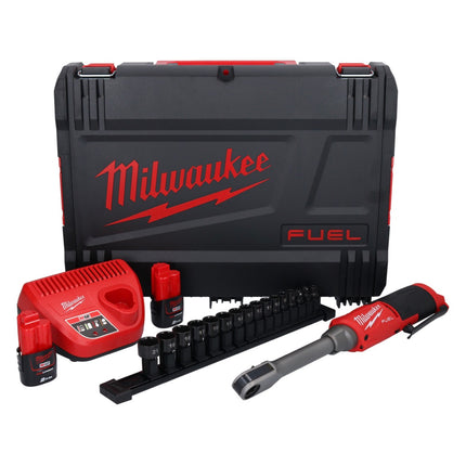 Milwaukee M12 FPTR-202X batería mediante carraca 12 V 81 Nm 1/4" 3/8" brushless (4933480754) + 2x batería 2.0 Ah + cargador + caja HD