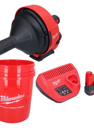 Milwaukee M12 BDC6-252C akumulatorowy udrażniacz do rur 12 V + 2x akumulator 2,5 Ah + ładowarka + spirala + wiadro