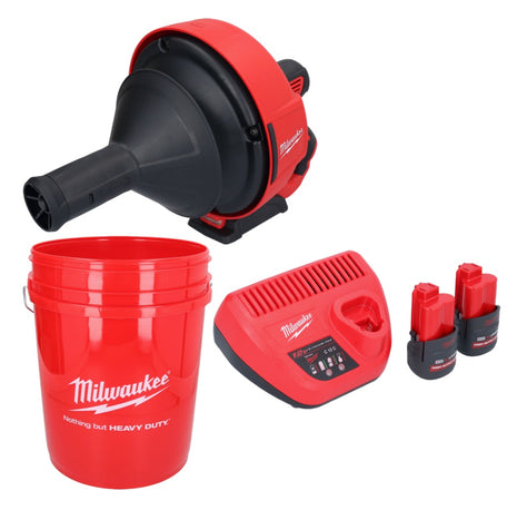 Limpiador de tuberías a batería Milwaukee M12 BDC6-252C 12 V + 2x baterías 2,5 Ah + cargador + espiral + cubo