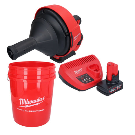 Limpiador de tuberías a batería Milwaukee M12 BDC6-401C 12 V + 1x batería 4,0 Ah + cargador + espiral + cubo