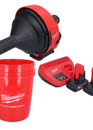 Limpiador de tuberías a batería Milwaukee M12 BDC6-402C 12 V + 2x baterías 4,0 Ah + cargador + espiral + cubo