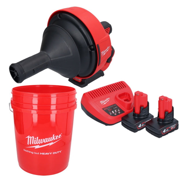 Limpiador de tuberías a batería Milwaukee M12 BDC6-402C 12 V + 2x baterías 4,0 Ah + cargador + espiral + cubo