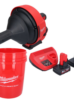 Appareil de nettoyage de tuyaux sur batterie Milwaukee M12 BDC6-602C 12 V + 2x batteries 6,0 Ah + chargeur + spirale + seau