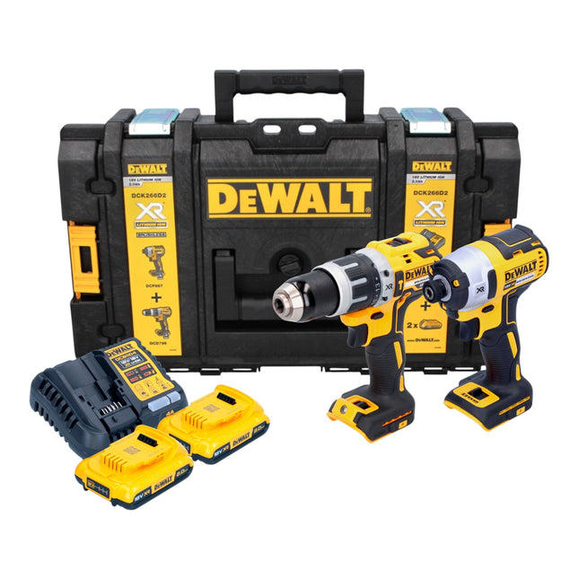 Set llave de impacto a batería DeWalt DCK 266 D2 + taladro de impacto a batería 18 V + baterías 2,0 Ah + cargador