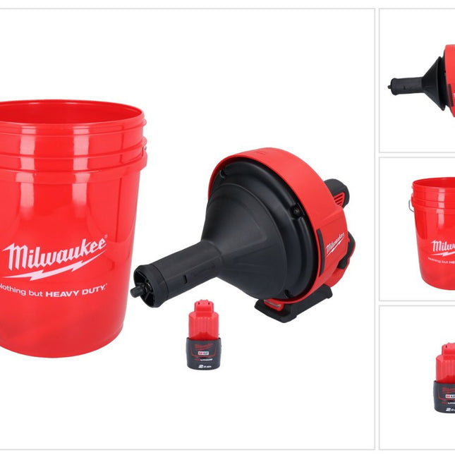 Limpiador de tuberías a batería Milwaukee M12 BDC8-201C 12 V + 1x batería 2,0 Ah + espiral + cubo - sin cargador