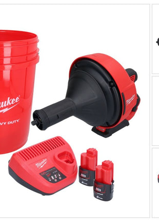 Limpiador de tuberías a batería Milwaukee M12 BDC8-202C 12 V + 2x baterías 2,0 Ah + cargador + espiral + cubo