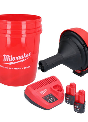 Limpiador de tuberías a batería Milwaukee M12 BDC8-202C 12 V + 2x baterías 2,0 Ah + cargador + espiral + cubo