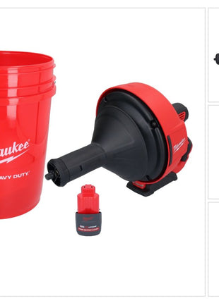 Limpiador de tuberías a batería Milwaukee M12 BDC8-251C 12 V + 1x batería 2,5 Ah + espiral + cubo - sin cargador