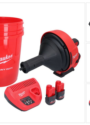 Milwaukee M12 BDC8-252C Akku Rohrreinigungsgerät 12 V + 2x Akku 2,5 Ah + Ladegerät + Spirale + Eimer