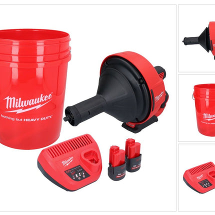 Milwaukee M12 BDC8-252C akumulatorowy udrażniacz do rur 12 V + 2x akumulator 2,5 Ah + ładowarka + spirala + wiadro